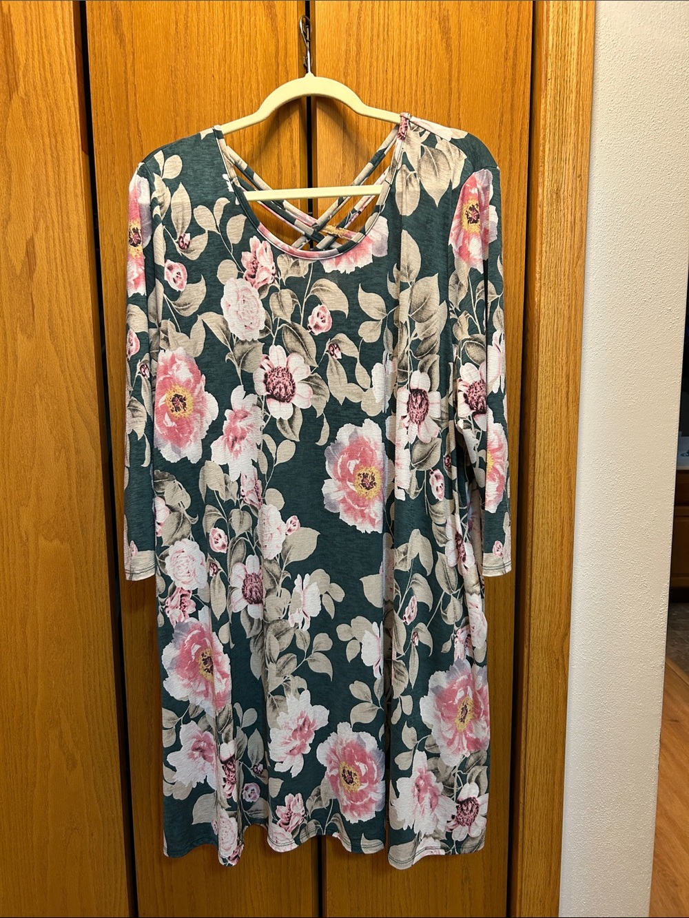 Long Sleeve Floral Swing Dress in Teal and Pink